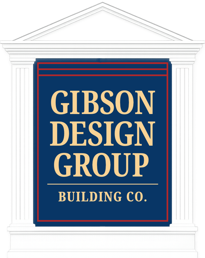 Gibson Design Group Building Co. logo displayed on a classical architectural sign with columns